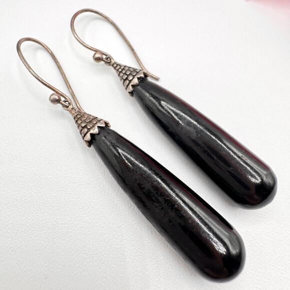 Vintage 925 CFJ THAI Sterling Silver Bali Style Black Dangle Earrings Ethnic - Picture 1 of 13